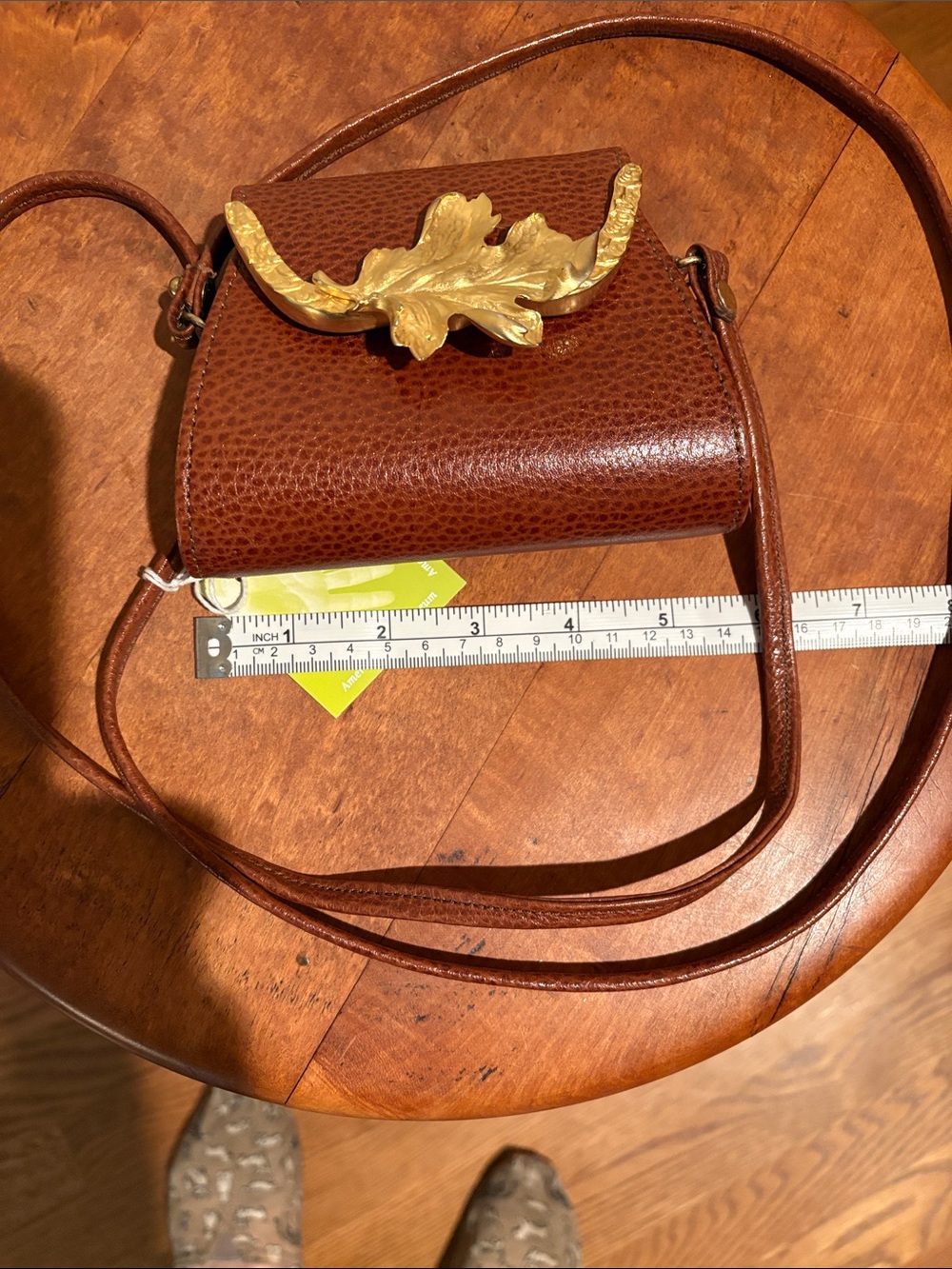 Brown Leather mini Crossbody Bag with Gold Leaf Accent